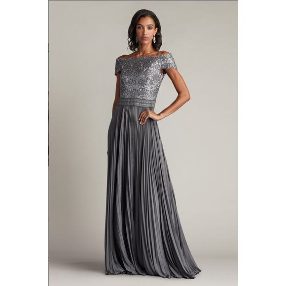 NWOT Tadashi Shoji Sequin Embroidered Lace Pleated Tulle Maxi Dress Gown - Picture 1 of 8